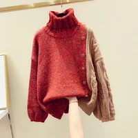 lyfzous asymmetry contrast color women sweater fashion twist button turtleneck pullovers pull femme knitted sweaters for women