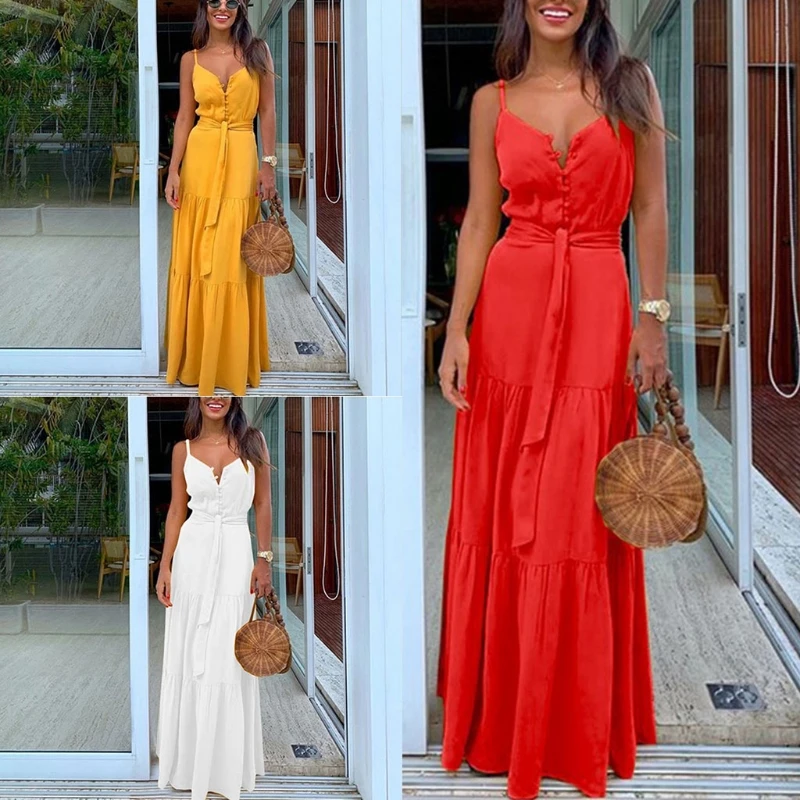 

Women Summer Spaghetti Strap Sexy V-Neck Button Maxi Long Dress Belted High Waist Solid Color Ruffled Beach Sundress