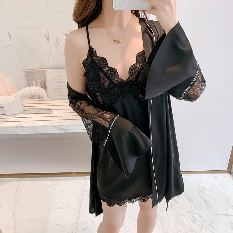 

2PCS Robe Set For Women Sleepwear Full Slip Lace Sexy Nightgown Satin Bathrobe With Pads Kimono Gown Nightwear Loose Home Wear