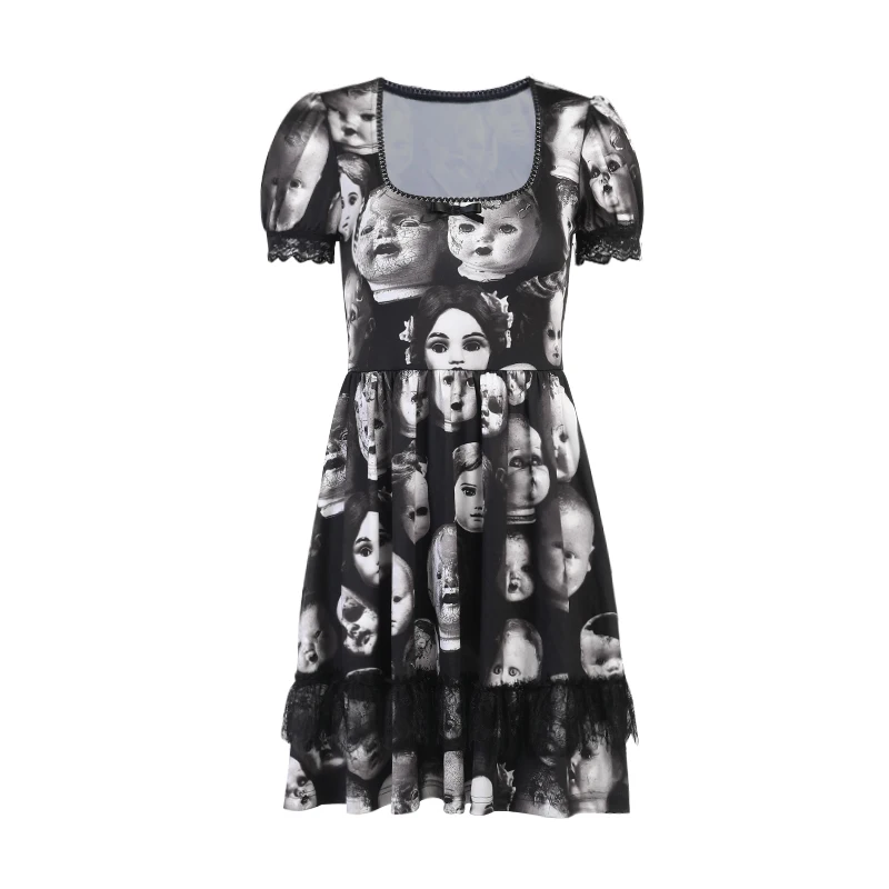 

New Gothic Grunge Face Print Black Sexy Dress Lolita High Waist Lace Mini Dress Streetwear Sexy Short Sleeve Cosplay Party Dress