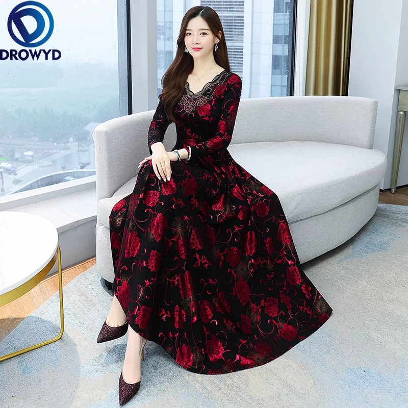 

2021 Spring Autumn Women Boho Maxi Dress Party Long Sleeve Vestidos Vintage Elegant Floral Print Chiffon Lace Casual Midi Dress
