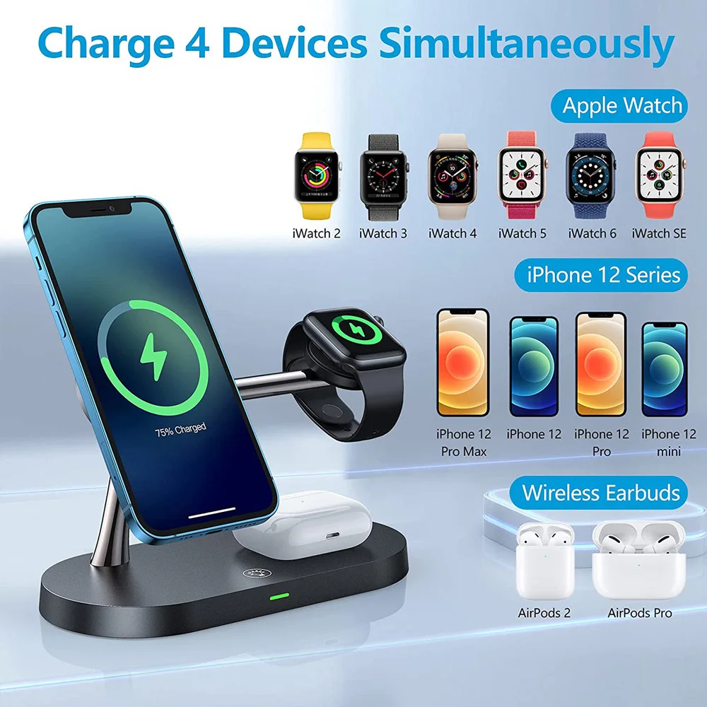 Cargador inal&aacute;mbrico 3 en 1 para iPhone 12 Pro Max, soporte magn&eacute;tico para tel&eacute;fono, Apple Watch, Airpods Pro, cargadores inal&aacute;mbricos de inducci&oacute;n-4