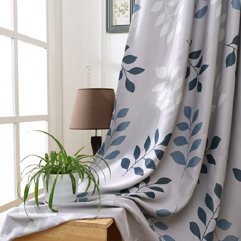 Современные светонепроницаемые шторы с зелеными и синими листьями для гостиной