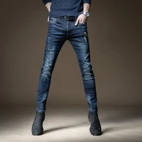 men scripture letter printed blue jeans fashion embroidered straight slim fit pants streetwear cotton stretch denim trousers