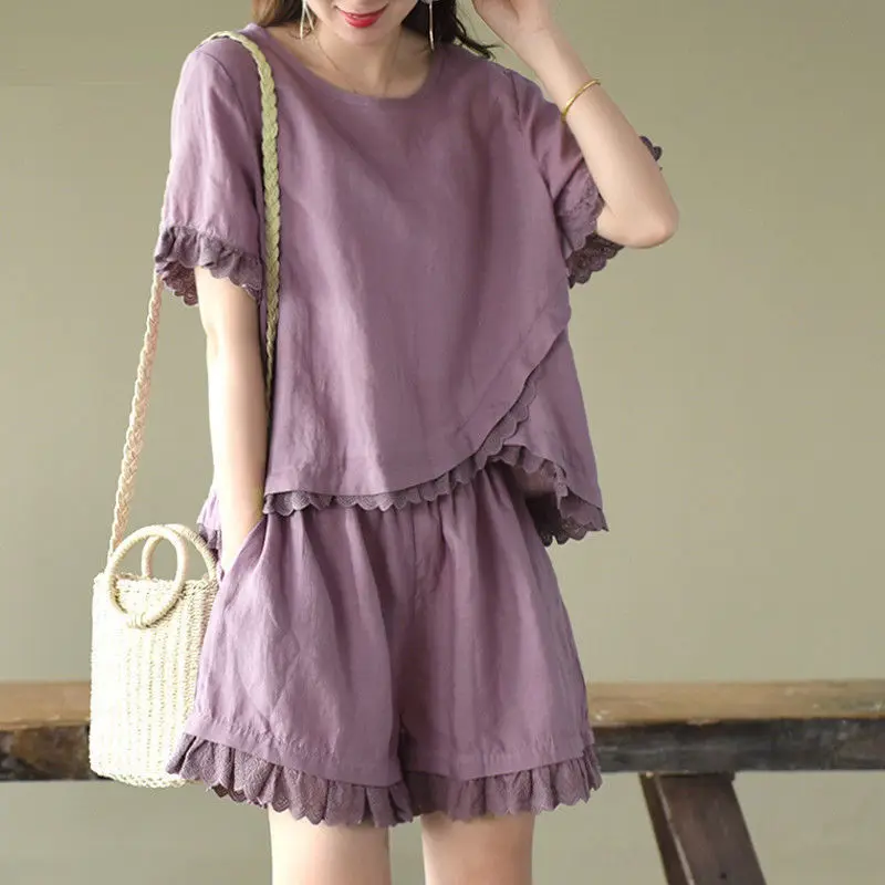 

Clothes Suit Pure Cotton Women Summer Cotton Hemp T-shirt And Shorts Female Short Sleeve Clothing Suits Women Casual Sets P3 192