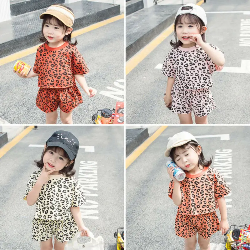 

Infant Baby Girls Summer Outfits Clothes Sets 2pcs Leopard Print T-shirt Top+Shorts Outfit 6M-5Y