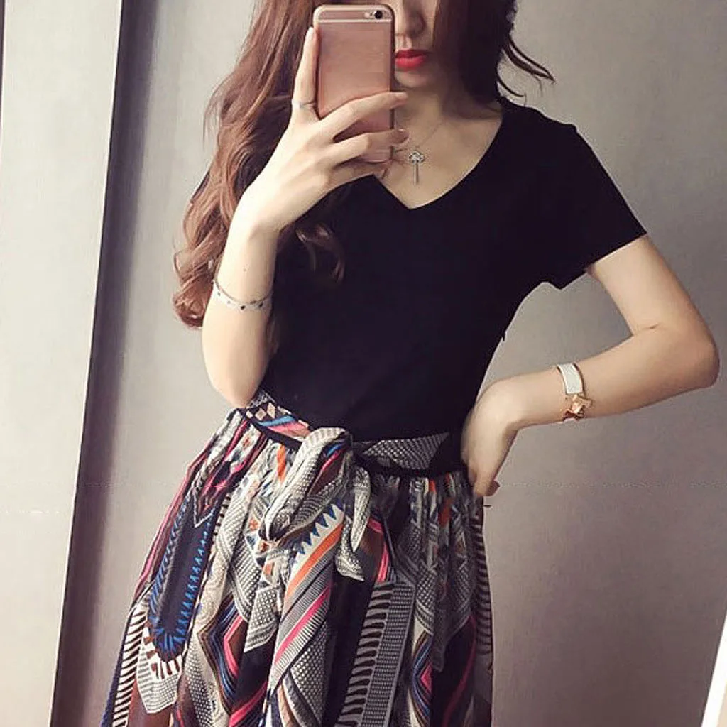 Женское летнее платье с коротким рукавом разрезом | Женская одежда