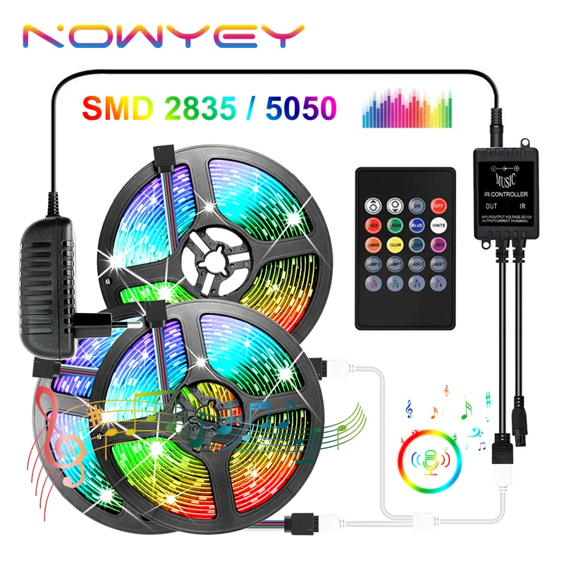 

Светодиодная ленсветильник 5 м, 10 м, 15 м, 20 м, звуковой сенсор, 12 В, RGB 5050, 2835, музыкальная синхронизация светильник лента RGB