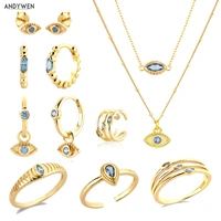 andywen 925 sterling silver gold blue eye zircon cz eye pendant necklace long choker stud earring piercing drop ring jewelry set