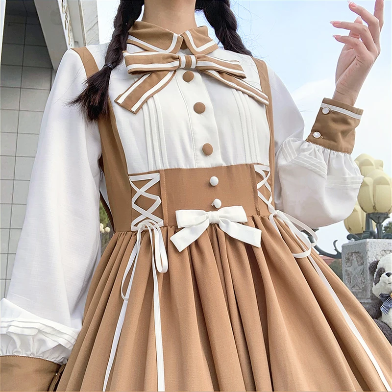 

Original Japanese School Uniform Skirt Gothic Lolita Bow Stripes Flying Sleeve Soft Sister High Waist Shoulder Straps Skirts