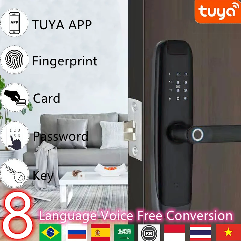 

Дверной смарт-замок TUYA, Wi-Fi, разблокировка, отпечаток пальца, магнитная карта, пароль, нормально открытый режим, временный пароль, домашний