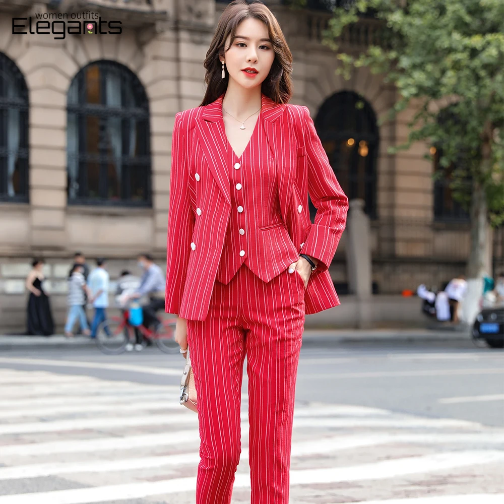 

Комплект одежды женский из трех предметов, жилет и брюки в красную полоску, деловая форма, офисная одежда для работы, пиджак, костюм с блейзе...