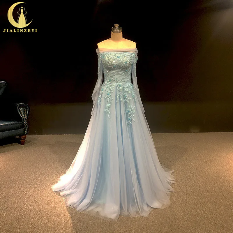 

Rhine Real picture Sky Blue Off The Shoulder Long Sleevs Lace Appliques evening dress long formal dresses