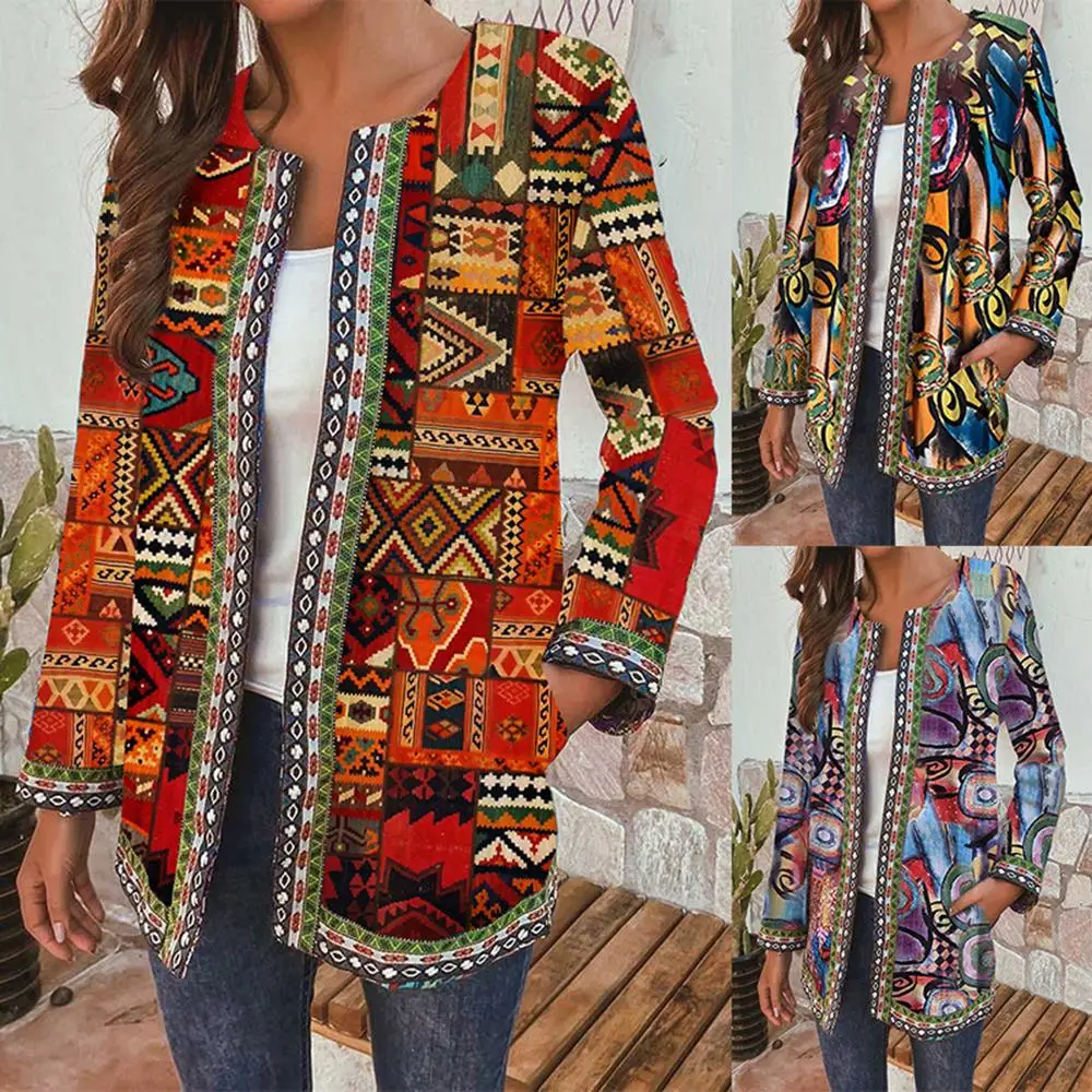 

Casual Long Sleeve Coat Plus Size Vintage Ladies Coat Tops Ethnic Printed Cardigan Thin Coats Women's Jackets New
