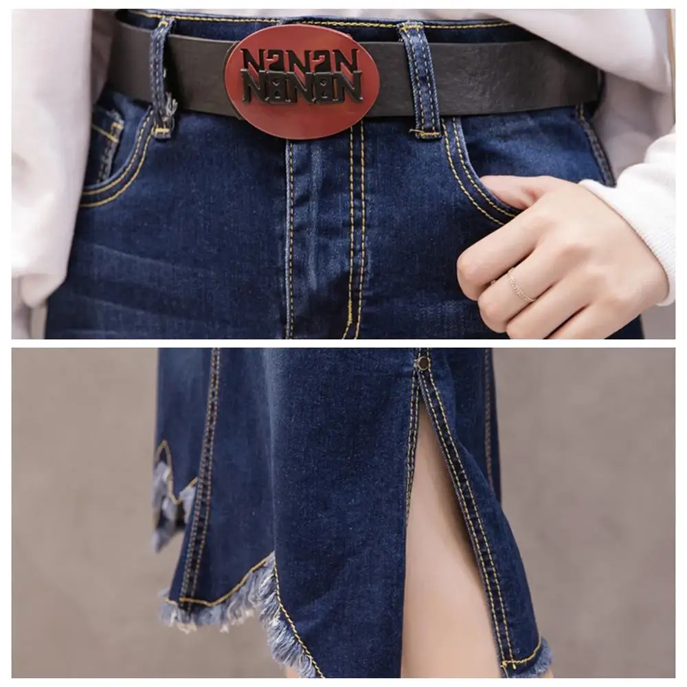 

Denim Skirt Women Vintage High Wasit Split Irregular Jeans Skirt with Belt Elastic Pocket Hip Pencil Skirt Midi Chic