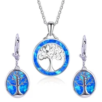 exquisite jewelry set fashion tree design blue imitation fire opal women pendant necklace with earrings fashion women lover gift
