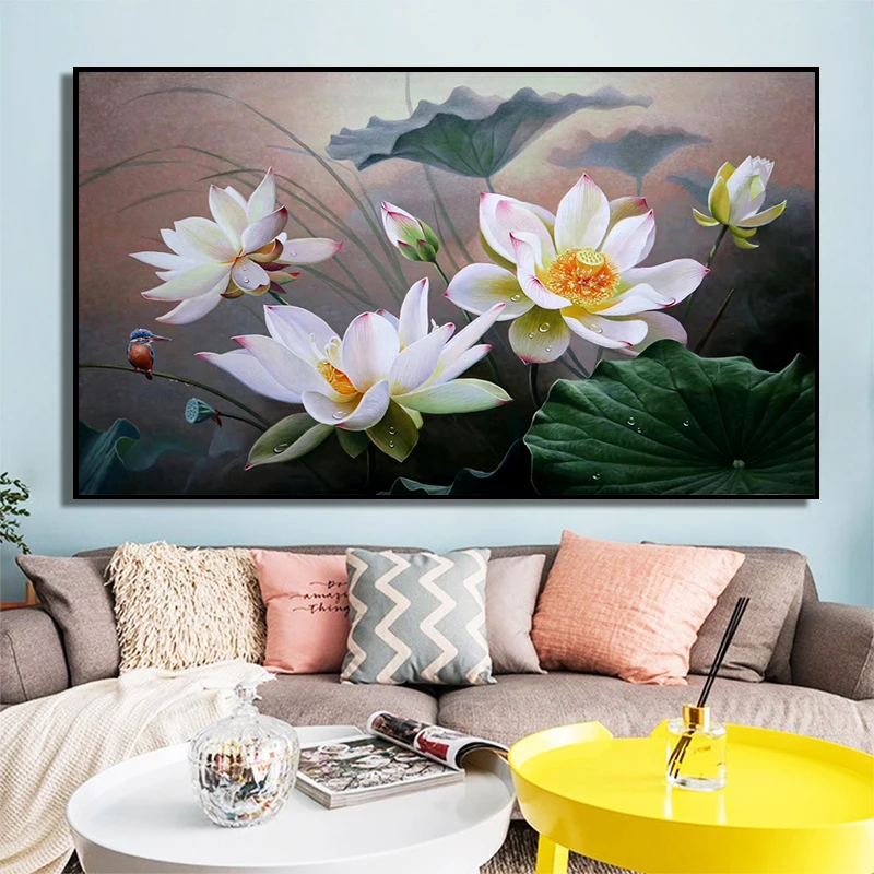 100% Hand Painted Realistic Lotus Pond Art Oil Painting On Canvas Wall Frameless Picture Decoration For Live Room Home Decor | Дом и сад