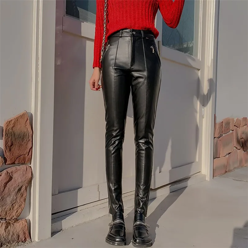 Роскошные женские брюки-карандаш из воловьей кожи с высокой талией повседневные