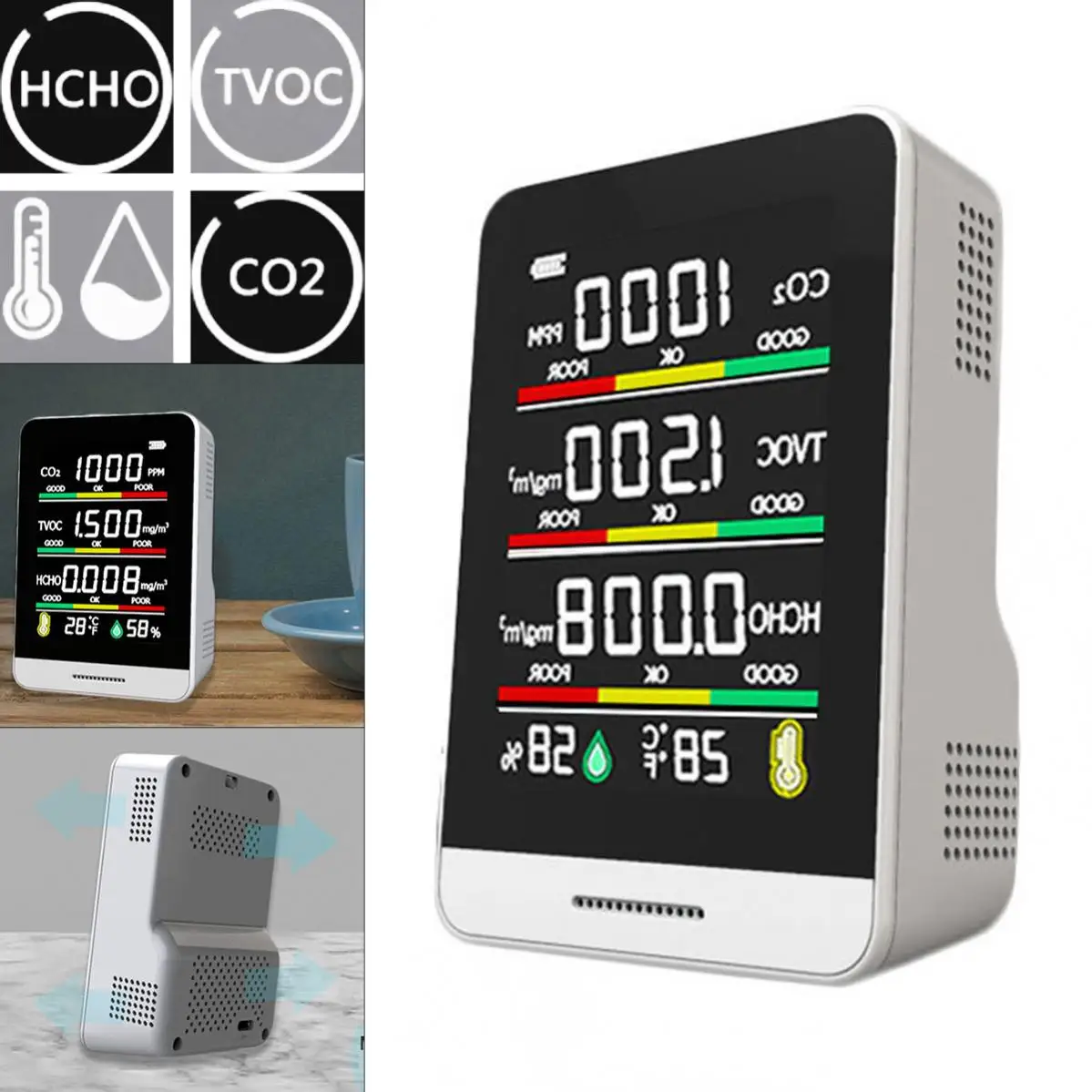 

Gas Analyzer 5 In 1 Air Monitor CO2 HCHO TVOC Carbon Dioxide Detector Temperature Humidity Air Quality Monitor Measurement Meter