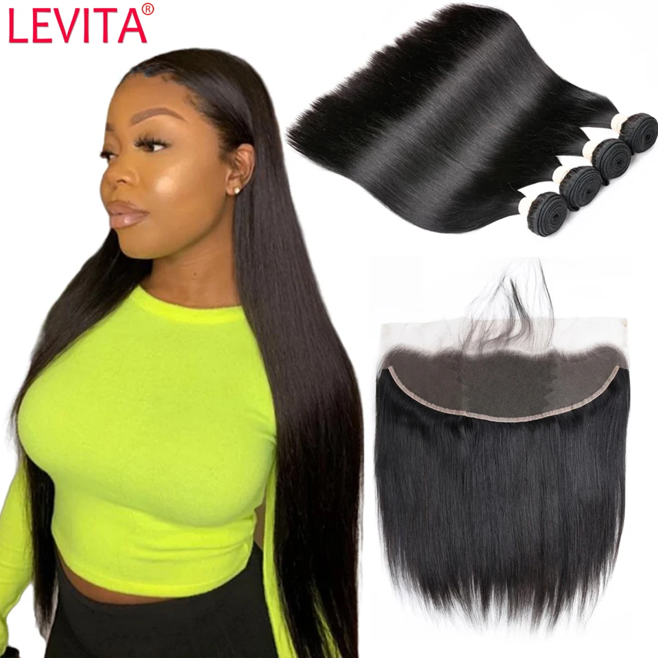 Bone Straight 3 Bundles With Frontal Closure Human Hair Frontal With Bundles Brazilian Hair Weave Bundles With Frontal Extension