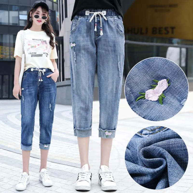 

Summer Loose Jeans Capris Women Fashion High Waist Casual Ripped Embroidery Calf-Length Denim Pants Ladies Mujer f136