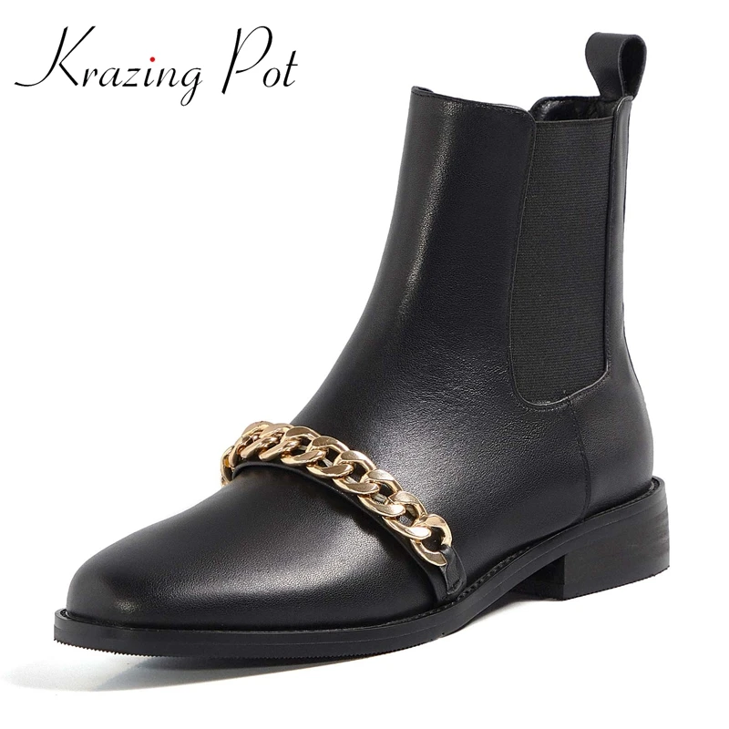 

krazing pot genuine leather round toe med heel slip on winter shoes chain decoration beauty lady casual modern ankle boots L16