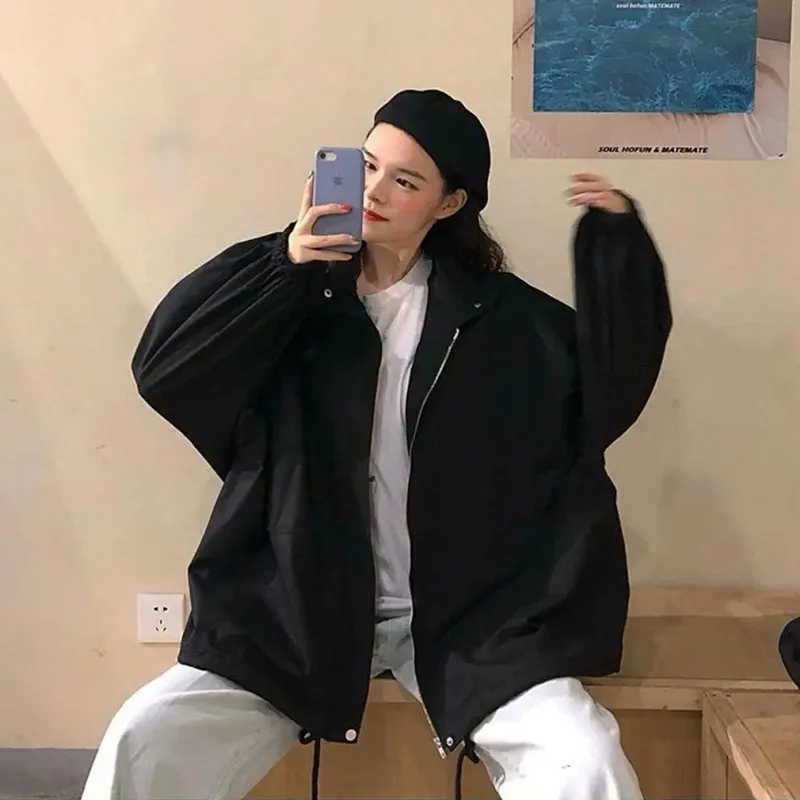 

Harajuku Korean Version Loose Thin Long-Sleeved Y2K Windbreaker Sun Protection Coat Solid Color Retro Shirt Student Girl Top