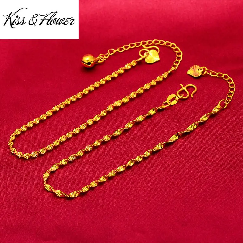

KISS&FLOWER BR02 Fine Jewelry Wholesale Fashion Hot Woman Girl Birthday Wedding Gift Wave 20cm Length 24KT Gold Chain Bracelet