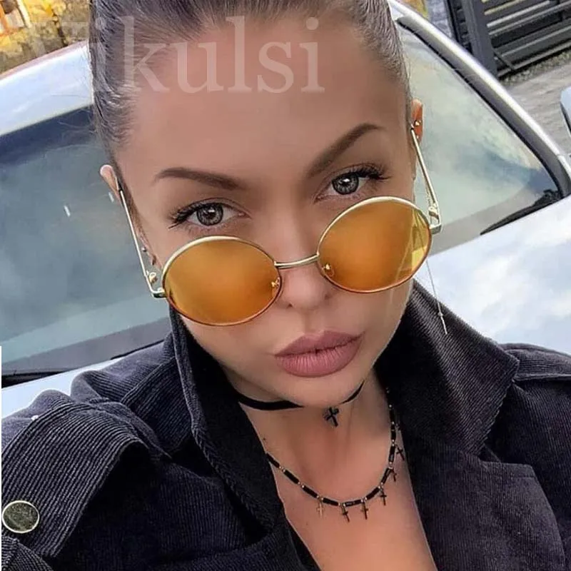 Korean Vintage Round Sunglasses for Women Men Metal Frame Yellow Shades Unisex Circle Sun Glasses Ladies 90s 80s Big Eyeglasses |