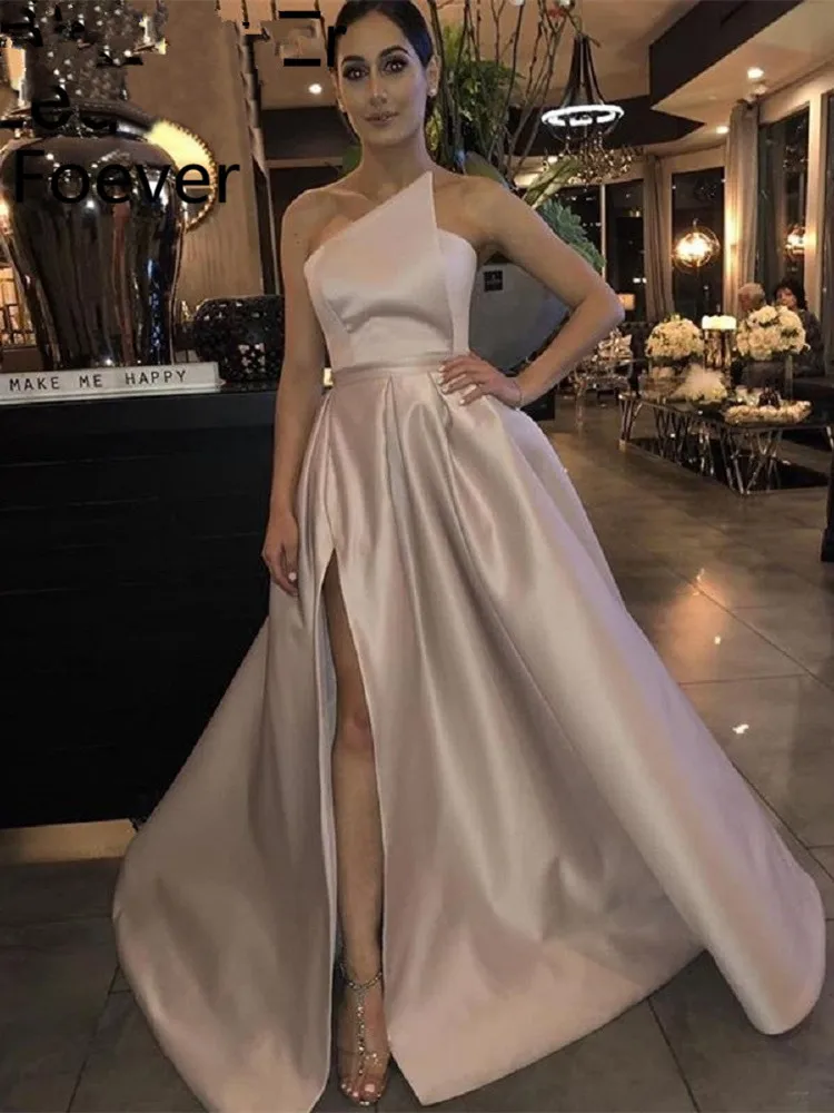

Elegant Evening Dress 2021 A-Line Satin Off the Shoulder High Leg Slit Dubai Saudi Arabic Long Prom Gown robe de soriee