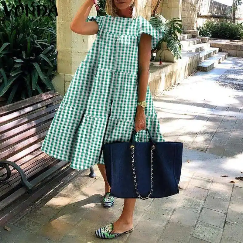 

Women Midi Dress 2021 VONDA Vintage Butterfly Sleeve Plaid Ruffled Party Dress Beach Summer Sundress Casual Vestido Robe Femme