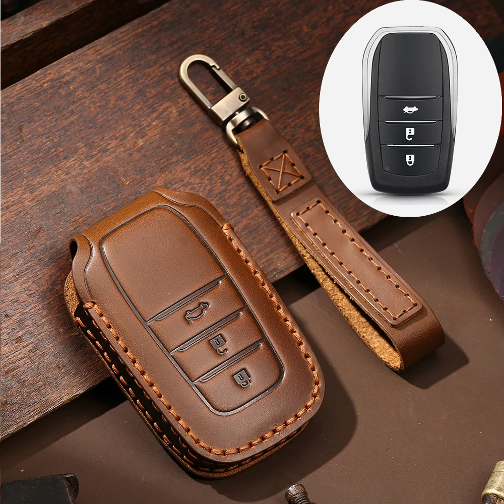 

KEYYOU Leather Car Key Case Full Cover for Toyota Altis Corolla Rav4 CH-R Camry Hilux Fortuner Crown 3 Buttons