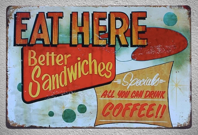 

Retro Shop Coffee Snack Sandwich Burger Restaurant Metal Tin Sign Decoration Kitchen Wall Sign Man Cave Decoration 12*8 Inches