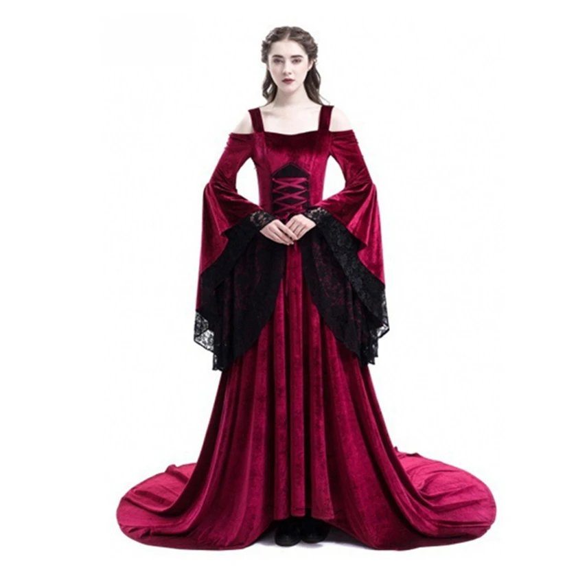 

Women Medieval Dress European Middle Ages Solid Gold Velvet Elegant Strapless Retro Adult Halloween Costumes for Woman S-5XL