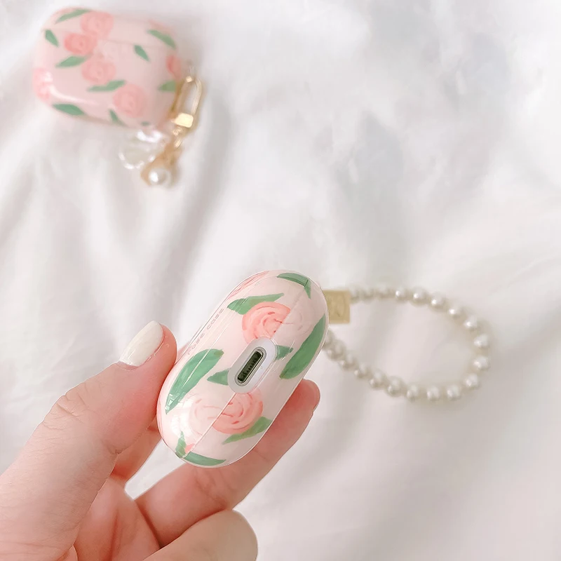 Милые силиконовые чехлы для наушников с розовым цветочным узором AirPods футляр