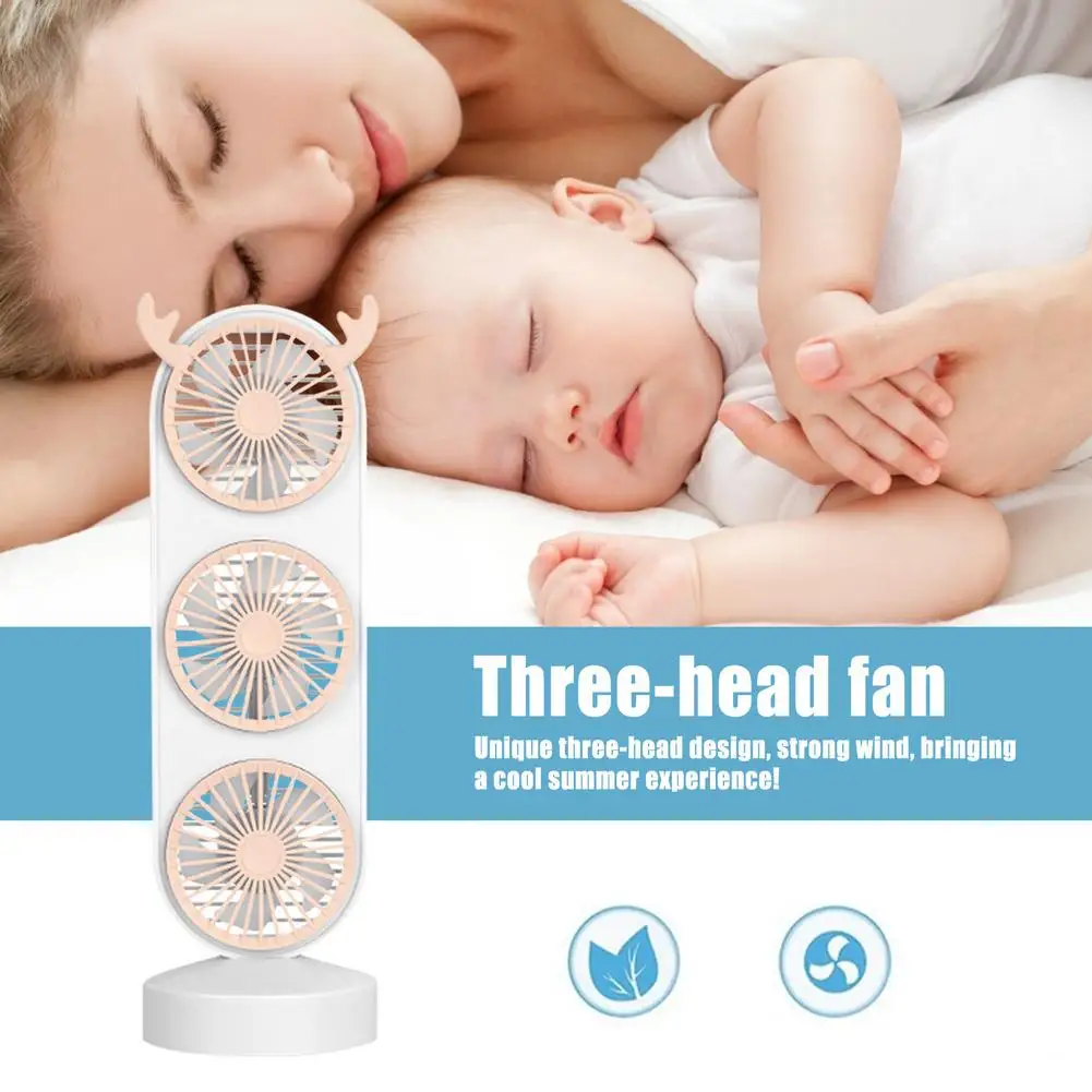 

2021 Mini Fan Three Heads Rechargeable USB Portable Small Desktop Desk Fan Touch Switch Fan For Student Dormitory Home Office