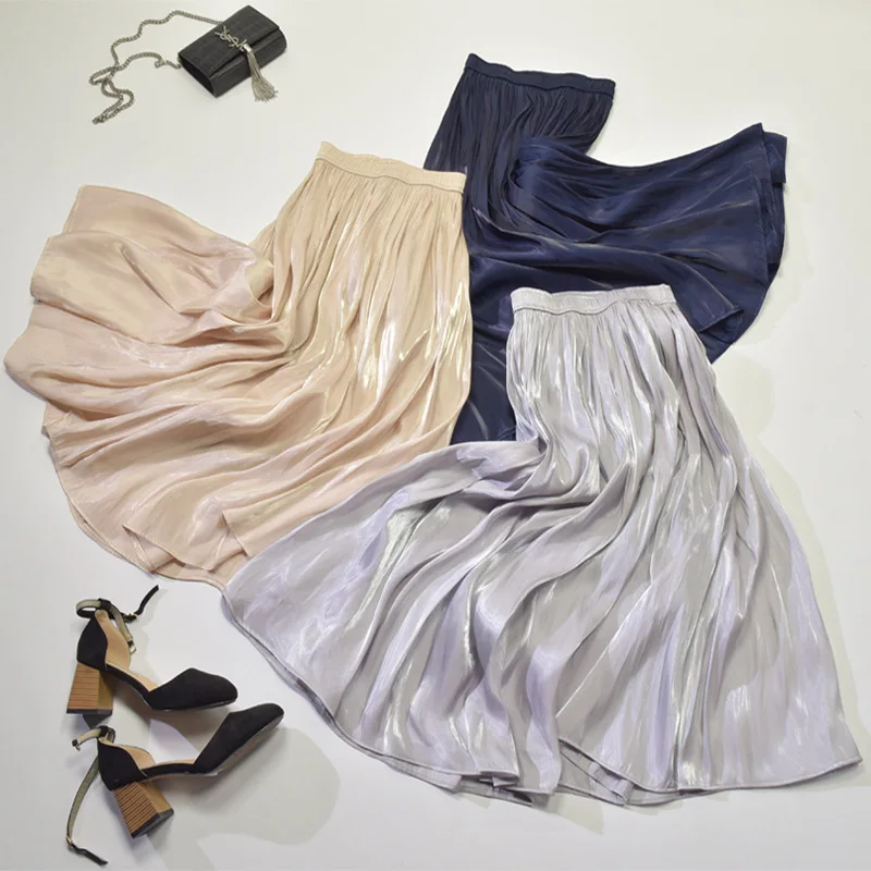 

2020 Korean-Style Pleated Skirt Spring-Summer New Style Elastic Waist Pearl Luster Silky Long over-the-Knee Bust Umbrella Skirt