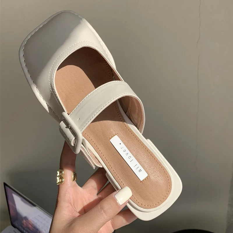 

Bailamos 2021Women Leisure Mules Shoes Toe Leather Square Flat Half Drag Sandal OL Ladies Comfortable Elegant Slip On Sandals