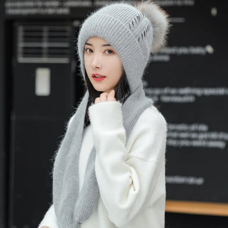

Hat female winter fashion rabbit hair and wool thick warm cycling ear muff knit neck scarf ski outdoor sports hats women hat