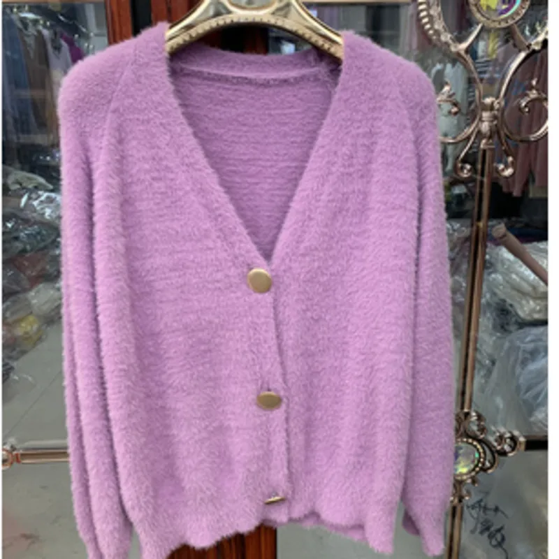 

2021 Women Fashion Autumn Cardigan Sweater Winter Korean Mink Velvet White Long Sleeve Cozy Knitted Warm Outerwear Loose V-neck