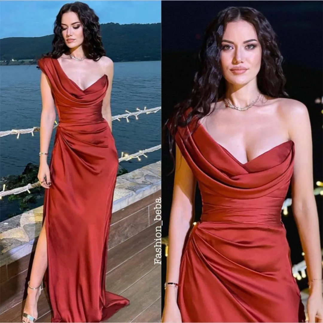 

Женское атласное вечернее платье с юбкой годе, Элегантное Длинное плиссированное платье до пола с V-образным вырезом и Боковым Разрезом