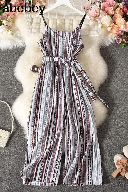 

Women Sexy Strap Print Jumpsuits V Neck Sleeveless Off Shoulder Long Rompers Summer Casual Wide Legs Beach Rompers