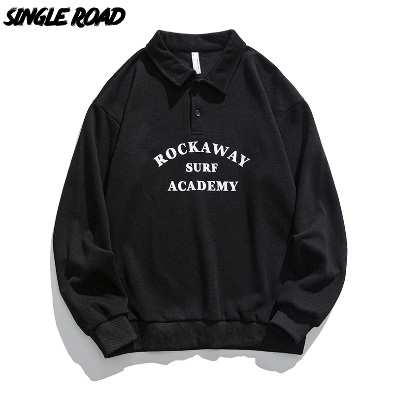 

Single Road Mens Polo Collar Sweatshirt Men 2022 Vintage Sweatshirts Oversized Japanese Streetwear Male Casual Black Hoodie Men