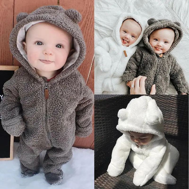 Emmababy Newborn Baby Girls Boys Winter Long Sleeve Solid Color Soft Warm Fuzzy Hooded Romper Jumpsuit Outfits Clothes |