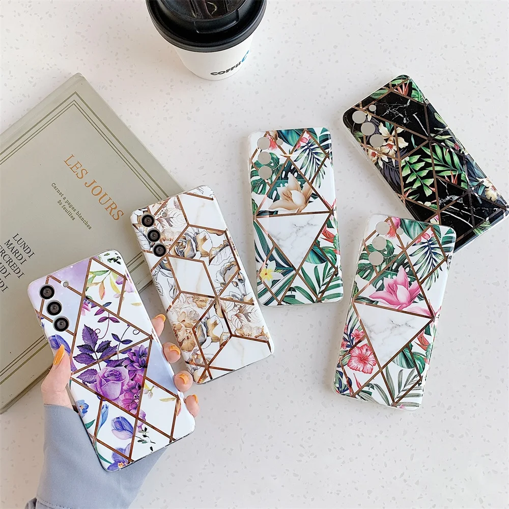 

Flowers Plating Phone Case for Samsung A52 Coque Geometric Leaf Soft IMD Cover for Samsung A50 A70 A20S A21S A51 A71 A72 Fundas