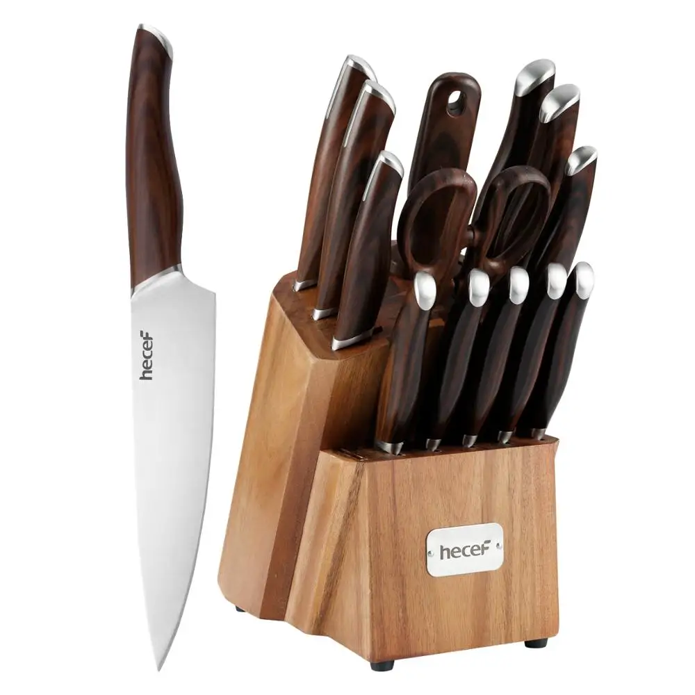 Набор ножей Hecef 15 шт. с блоком из дерева акации премиум-класса коричневый | Дом и