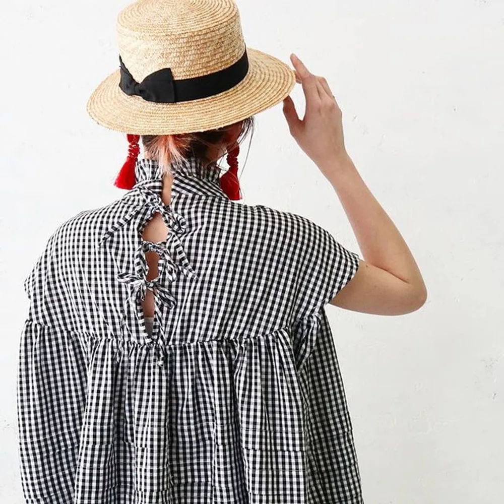 

Women Shirt Oversize Summer Lattices Plover Pattern Blouse Ladies Fashion Short Sleeve Medium Long Causal Loose Shirt Pullover