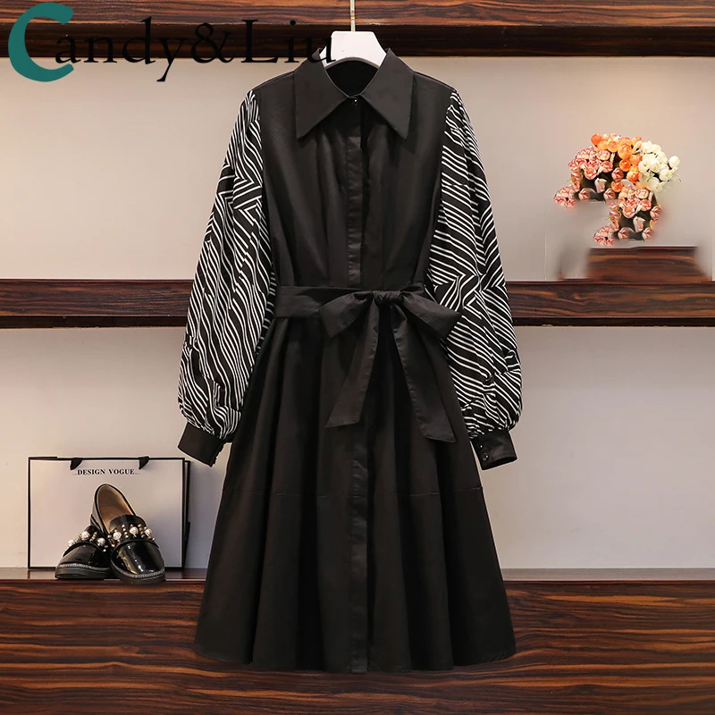 

Large women's dress 2020 autumn new style sister matching sleeve temperament thin cover belly lace up long sleeve dress