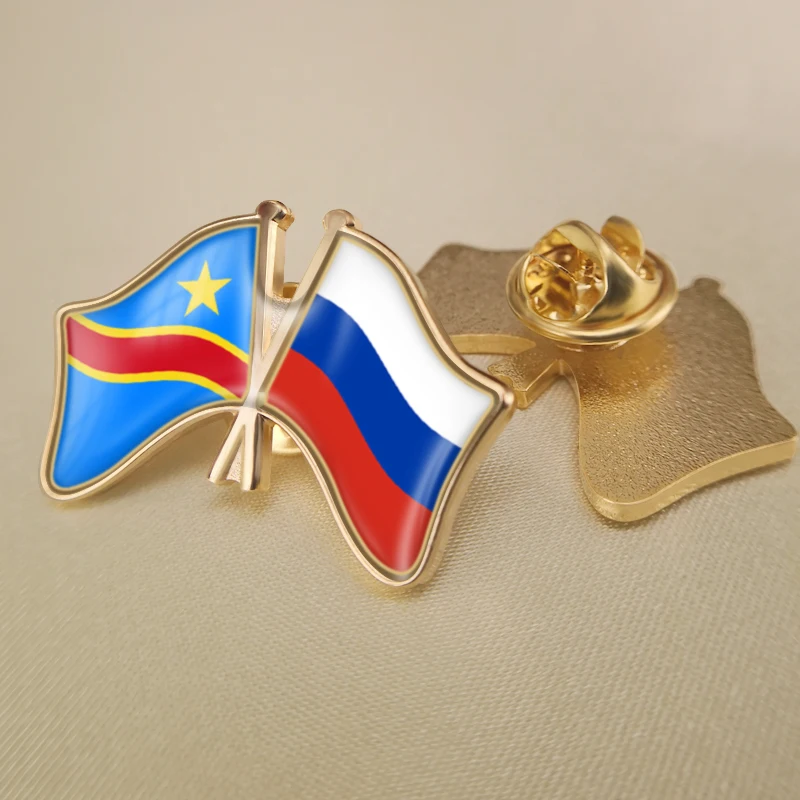 

Congo Democratic Republic and Russian Federation Crossed Double Friendship Flags Lapel Pins Brooch Badges