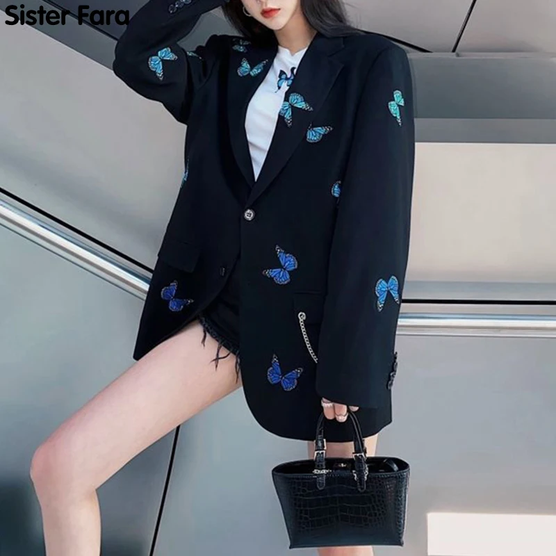 

Sister Fara Chic Butterfly Embroidery Blazer Women's Spring Jacket Coat With Chain Thin Long Blazers Ladies Autumn Casual Blazer